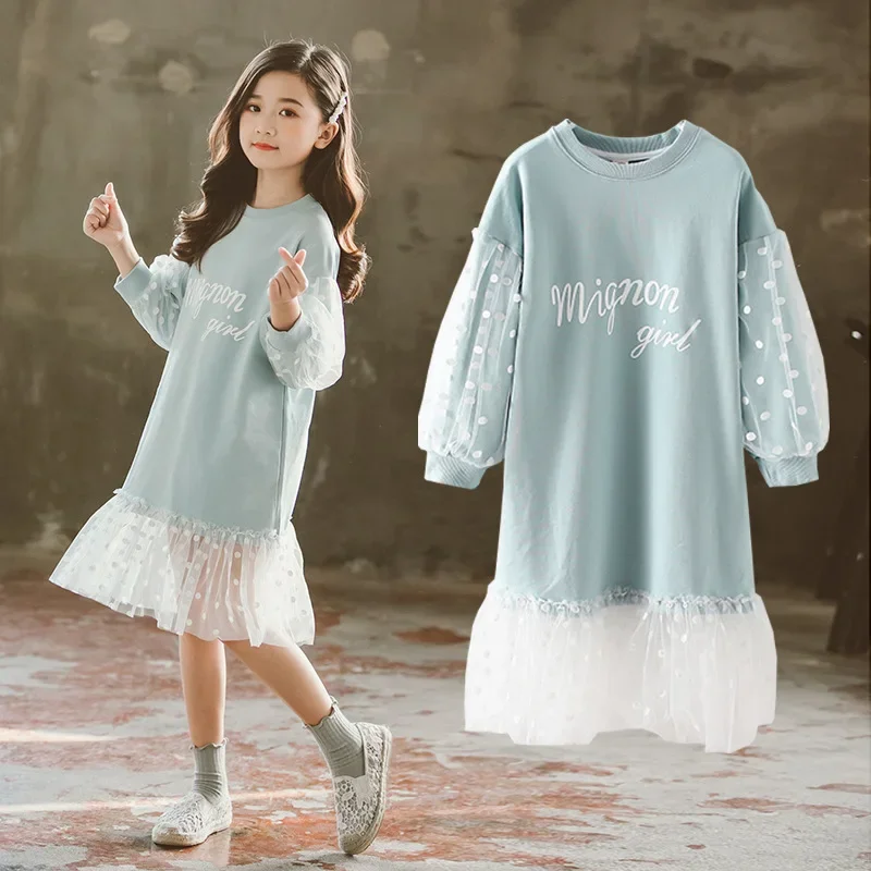 

2023 autumn Teenager girls clothes winter dress cotton children long sleeve polka dot mesh letter dresses 8 9 11 12 13 year