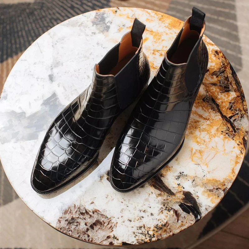 New Brown Chelsea Boots for Men Black Business Pointed Toe Slip-On Crocodile Pattern Handmade Men's Short Boots