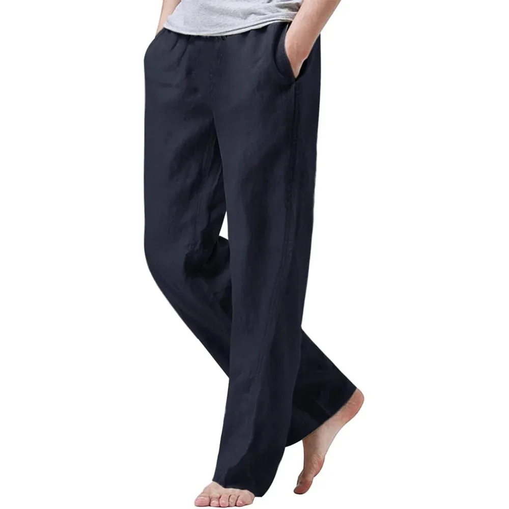 Herren Baumwolle Leinen Atmungsaktive Kordelzug Hosen Elastische Taille Casual Jogger Yoga Hosen Strand Baggy Lose Hosen Männer Jogginghose