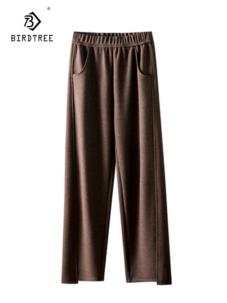 

Birdtree 2.3% Wool Blend Casual Versatile Long Pants Elastic Waistband Matte Thick fashionable Sickle Trouser Winter B3D314QC