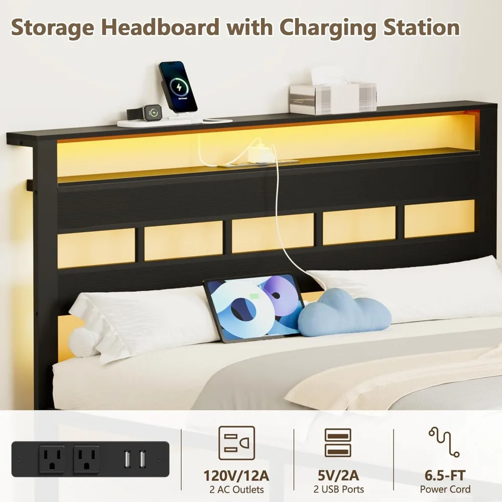 Bed Frame with LED Light and Charging Station, Wood Storage Headboard with 2-Tier Shelves, Metal Platform Bed 6