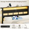 Bed Frame with LED Light and Charging Station, Wood Storage Headboard with 2-Tier Shelves, Metal Platform Bed 6