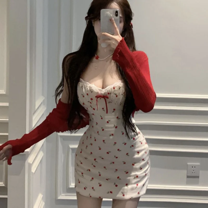 

Cherry Sling Y2k Korean Dresses Women Fashion Floral Dress Red Cardigan Mini Skirt Temperament Evening Dress Female Tops Dresses