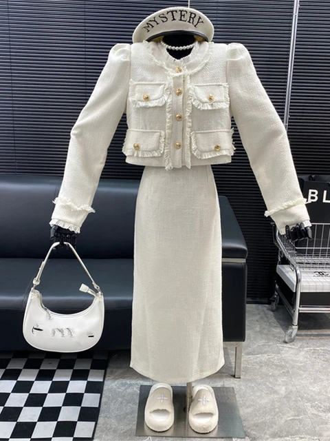 Elegant Female Sets Classic Fashion Tweed Jacket Coat and High Waist Long  Maxi Skirt Suits Women Woolen 2 Piece Set Outfits 2022 - AliExpress