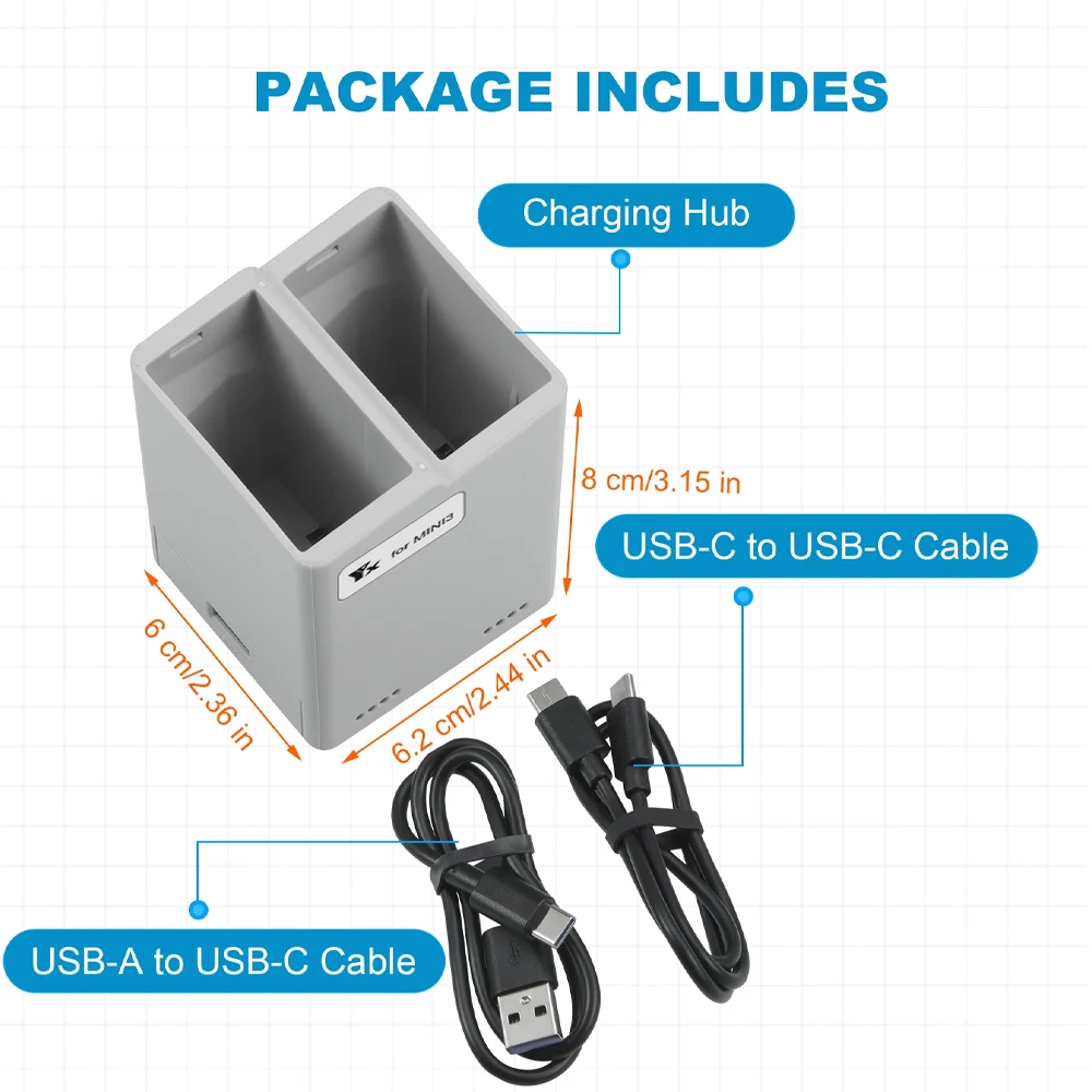 Chargeur Batterie Drone DJI Mini 3/Pro 2 en 1 65W USB-C PD