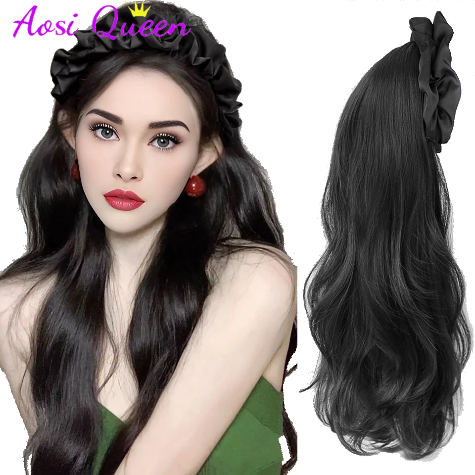 

AS Synthetic Pleated Hair Band Wig Black Women's Gradient Curly Hair Wig Organic Fiber Hair Band Wig