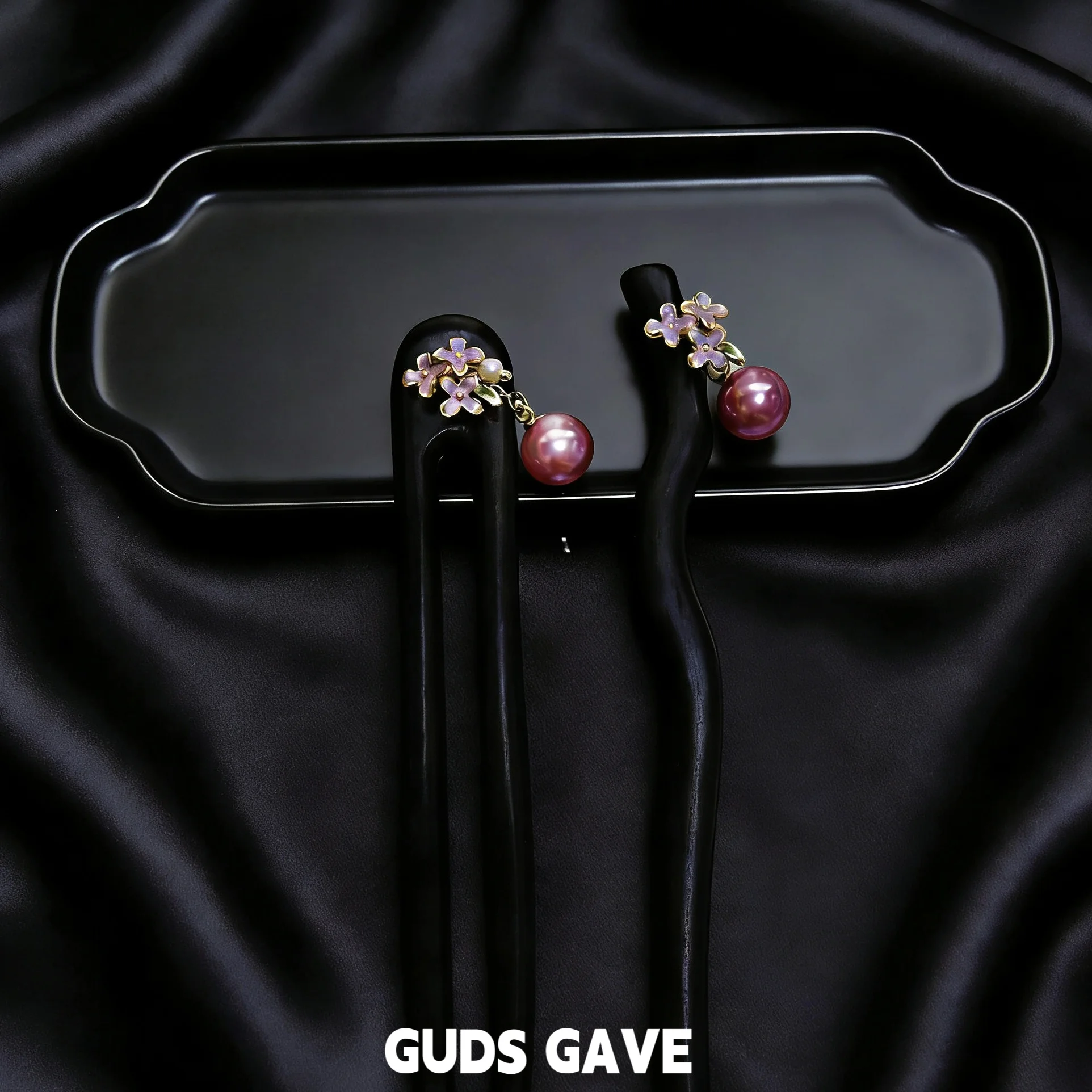 천연 블랙 에보니 우드 플로럴 U자형 짧은 머리핀 고급 빈티지 코트 스타일 퍼플 GUDS GAVE 패셔너블 헤어 액세서리