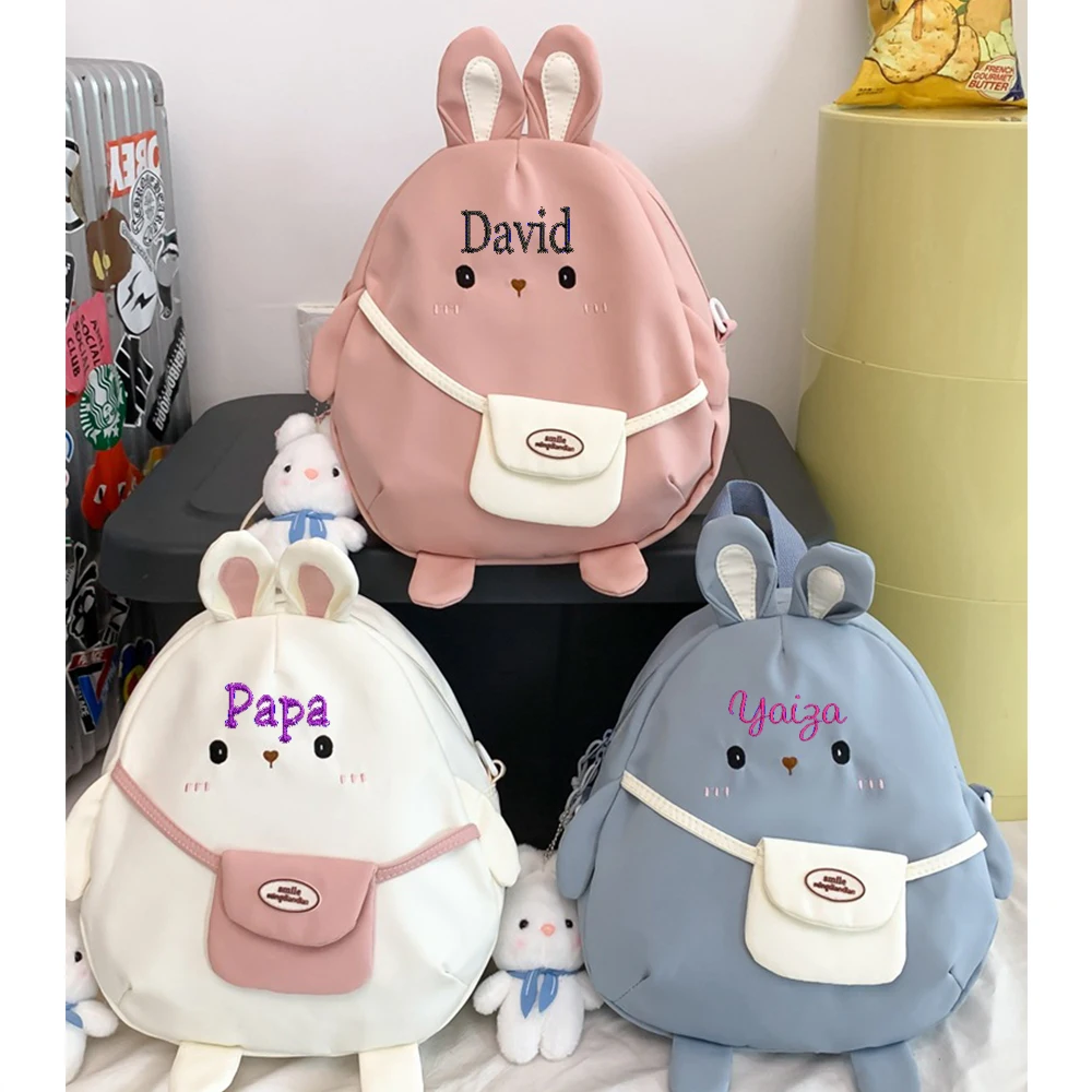 

Embroidered ins Cute Rabbit Backpack Name Customized Large Capacity Cartoon Canvas Crossbody Bag Soft Girl Student Backpack