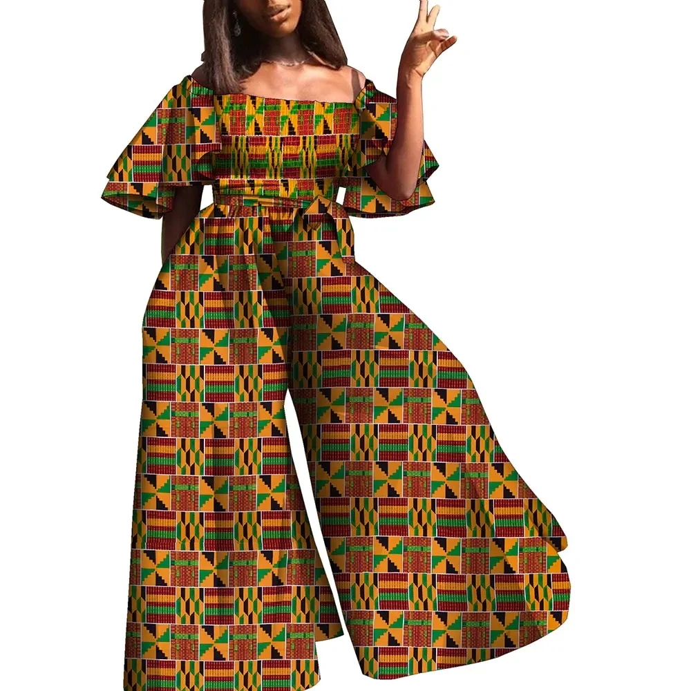 Dashiki African Jumpsuit Classy Wide Leg Pants for Woman Ankara Kente Romper Off Shoulder Ankara Top Stretchy Outfit WY10555