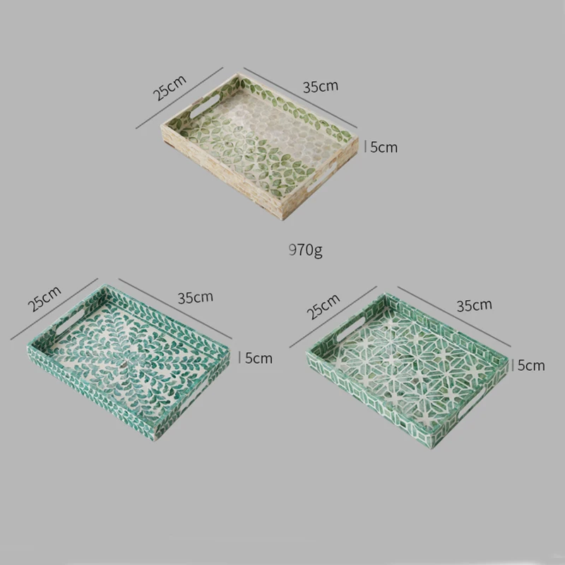 Luxury Rectangle Green Mother Of Pearls Tray With Two Handles Hand Crafted Home Tabletop Decor Storage Plate For Coffee Cups Set 6