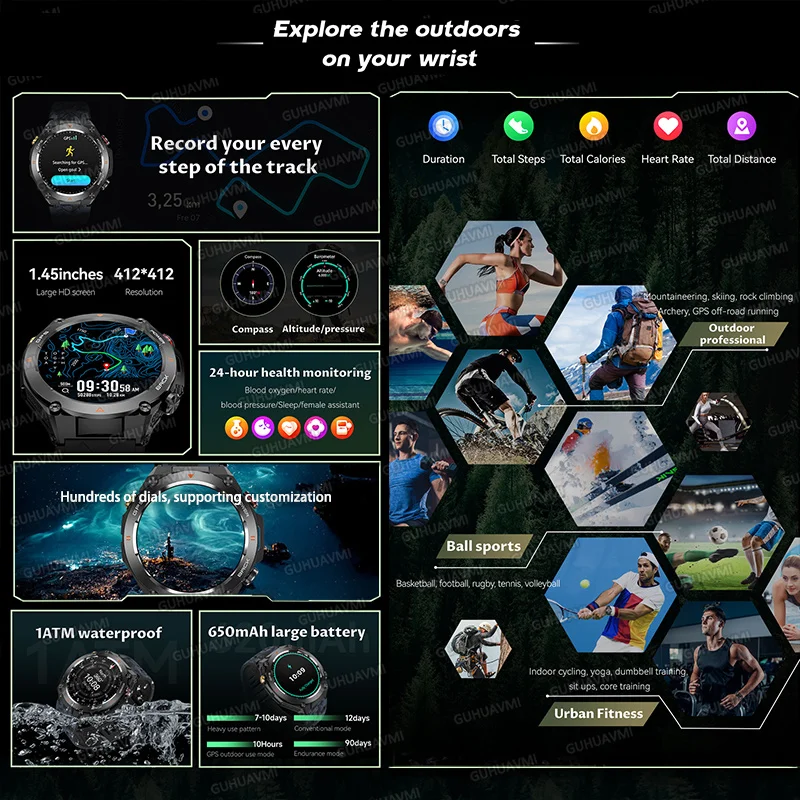 2026 New  Military Outdoor Sports GPS Smart Watch Men Waterproof Bluetooth call Heart rate Fitness Smartwatch Woman 650mAh BTA