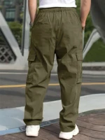 2024 Spring/Summer New Men's Fashion Casual Pants Solid Color Drawstring Multi Pocket Sports Running Straight Work Pants 2