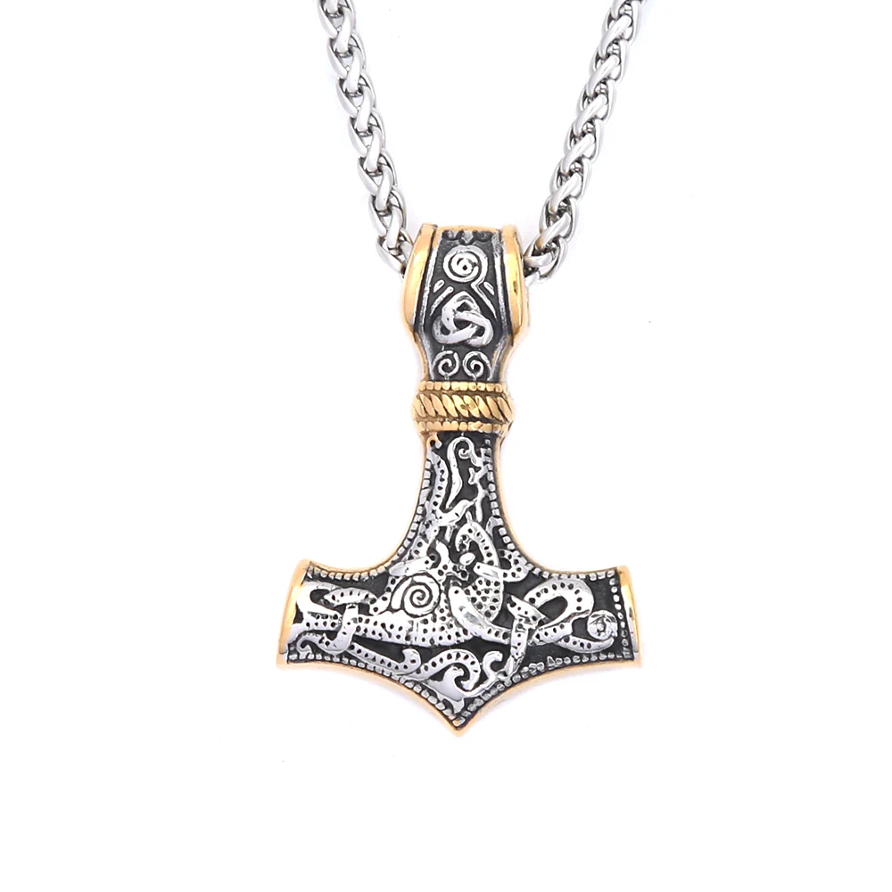 Vintage Punk Edelstahl Thor Hammer Mjolnir Wikinger Anhänger Für Männer Frauen Nordic Viking Amulett Halskette Biker Schmuck Geschenke – Detail 1