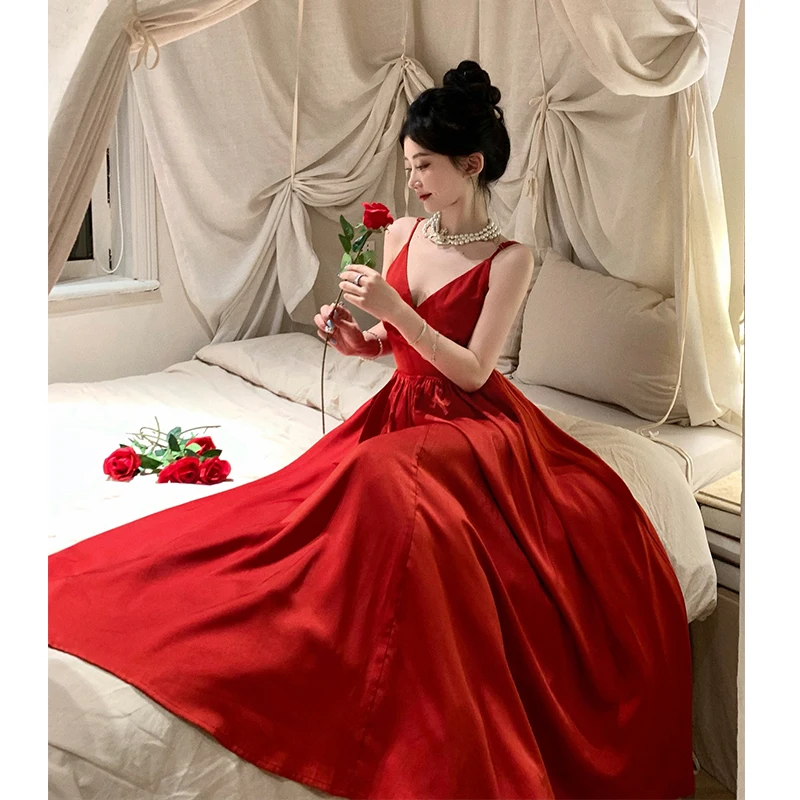 Sexy Spaghetti Strap Evening Party Dress V-neck A-line Solid Vintage Long Dresses for Women Wedding Prom Robe One Piece Vestidos