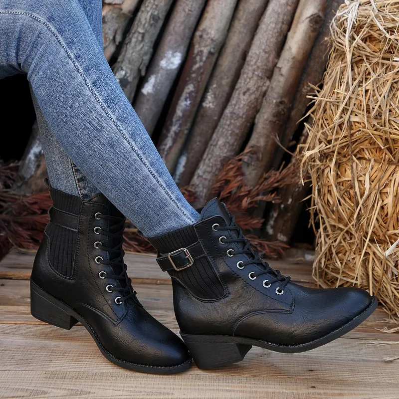 Ladies Shoes 2023 Hot Sale Lace Up Women's Boots Winter Pointed Toe Solid Short Barrel Chunky Heel Large Size Chelsea Boots