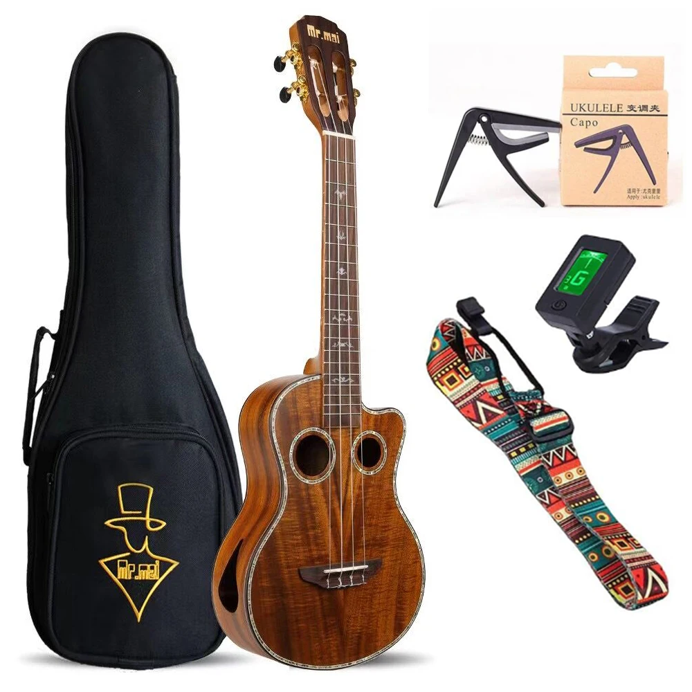 Mr.mai ML-T Tenor 26 인치 우쿨렐레 코아 우드 미니 하와이 기타 더블 사운드 홀 우쿨렐레 Gig 가방/튜너/스트랩/카포 포함