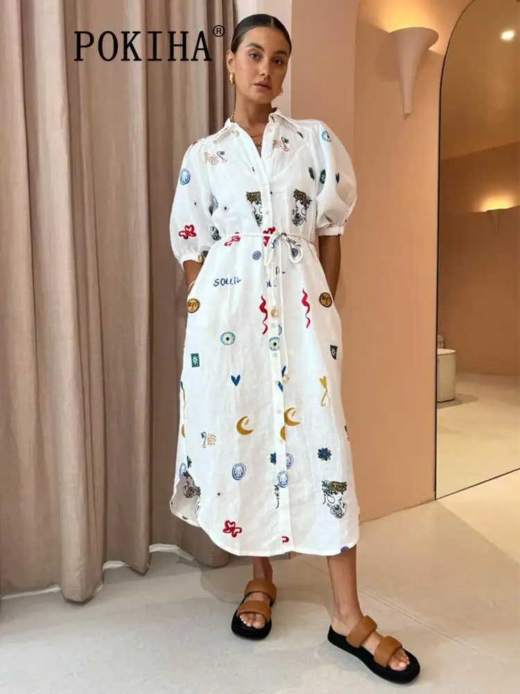 

Graffiti Printed Summer Dresses Short Sleeve Single Breasted Belts Vacation Holiday Dress Puff Sleeve Women Beach Elegant Robe