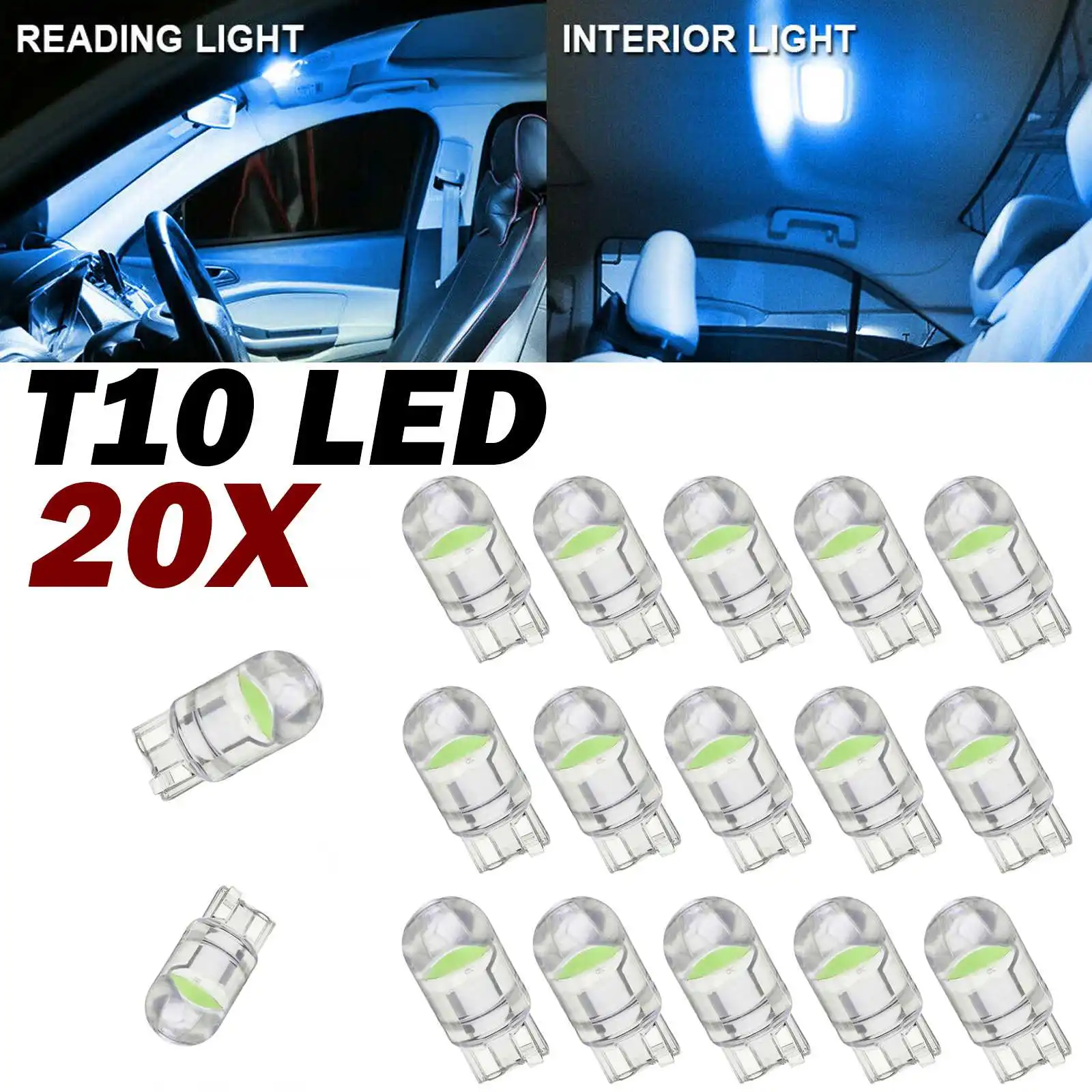 

20x T10 LED COB Ice Blue W5W Car Interior Dome Light Map Reading Bulb 168 194 Car License Plate Lights Vehicle New