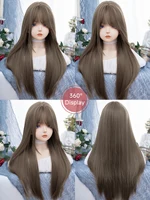 Perruques synthétiques marron miel cendré de Style sauvage de 28 pouces avec frange, perruque à mécanisme de cheveux longs et lisses pour femmes, usage quotidien résistant à la chaleur 5