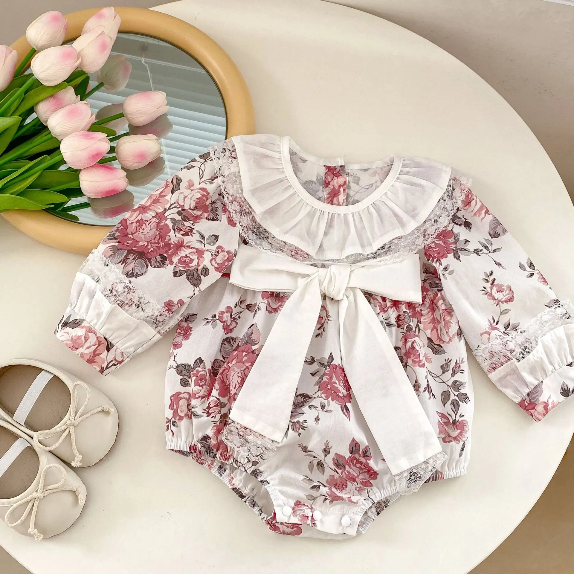 

INS Autumn Baby Floral Printed Rompers Children's Clothing Ruffle Long Sleeve Triangle Romper Bowknot Dress Infant Girls Outfits