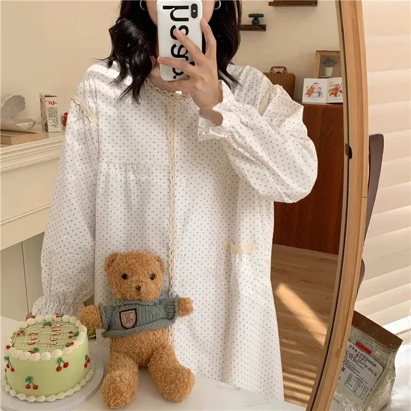 

Ruffles Sleeve cotton Polka Dress Single Homewear Nightgown Dot ins Breasted Lacework Long Women Sanding Cute Pure Cardigan