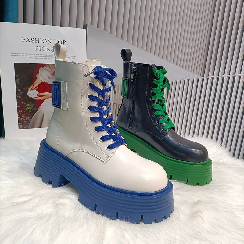 Spring Autumn Genuine Leather Short Boots Women's Lace-Up Round Toe Thick Soled Short Boots Ladies Fashion Pumps Casual Shoes