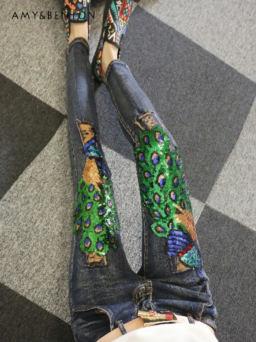 

European Station Fall/Winter Women's Jeans Sequined Worn High Waist Tight Slimming Trousers Tide Skinny Pencil Denim Pants