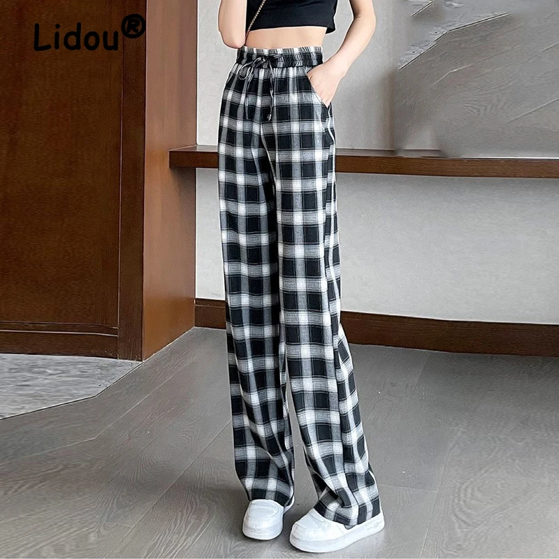 

Plaid Streetwear Ice Silk Breathable Thin Straight Wide Leg Trousers for Women Summer Fashion High Waist Casual Harajuku Pants