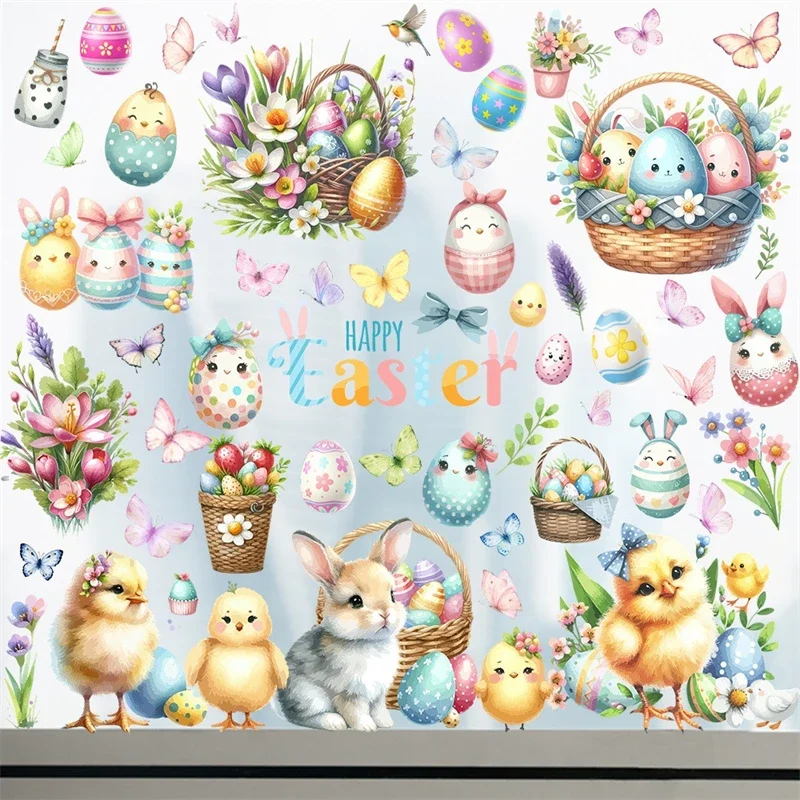 Wall Stickers Window Stickers 1Set Happy Easter Window Stickers Cute Cartoon Rabbit Easter Eggs Flowers Glass Sticker Decoration Spring Wall Decal