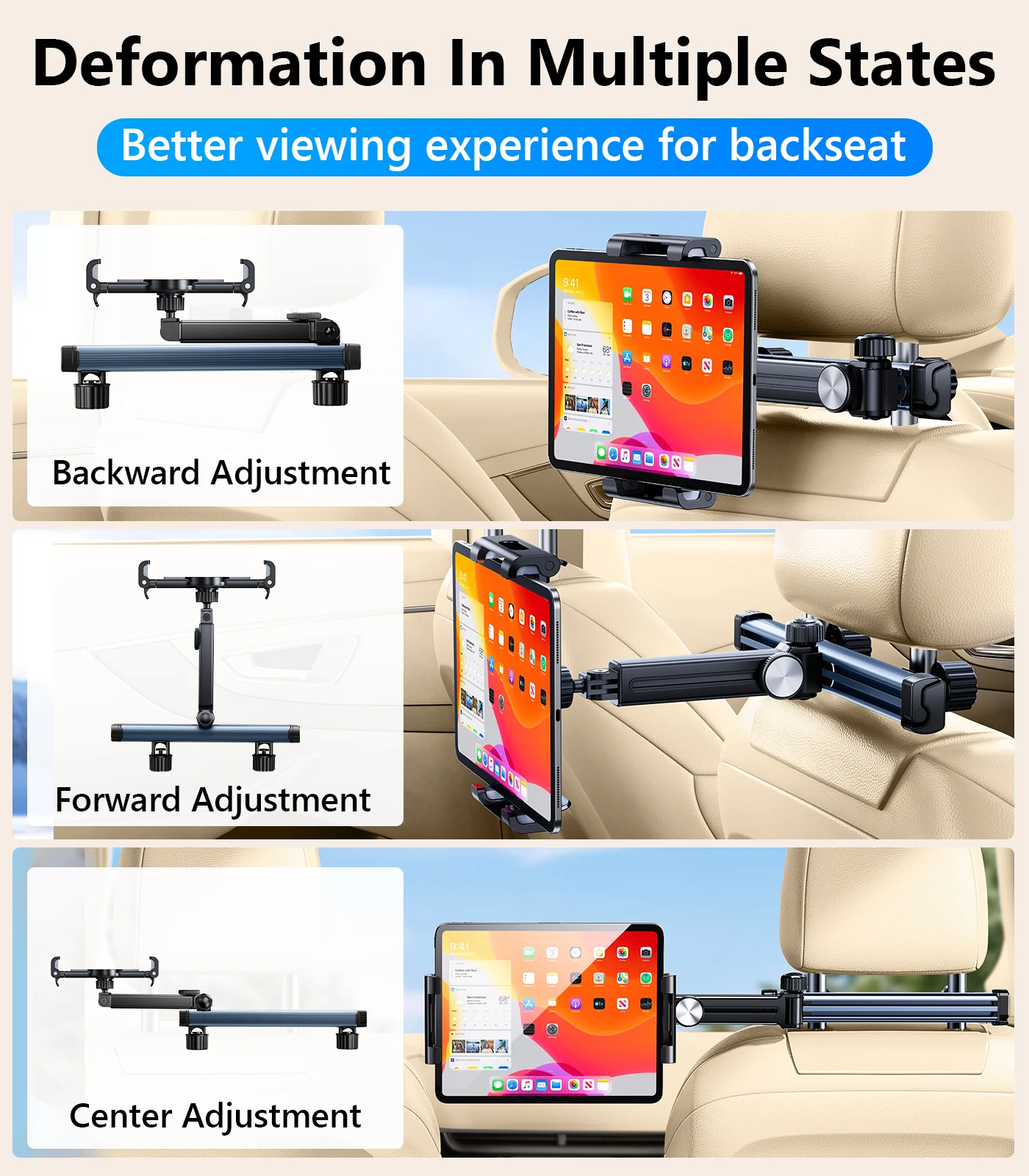 Eary Tablet Holder Mount for Car Headrest Back Seat 360 Rotate Phone Stand Long Arm Adjustable With 2 Hook Fit for 4.7-12 Device