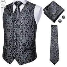 

Hi-Tie Silk Mens Vests Black Silver Floral Jacquard Waist Jacket Tie Hanky Cufflinks Set for Men Dress Suit Wedding Business XXL