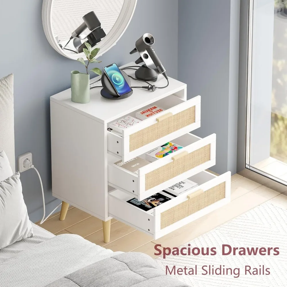 Rattan Nightstand with Charging Station, Night Stand with 3 Large Rattan Drawers, Accent End Table, Bedside Table S