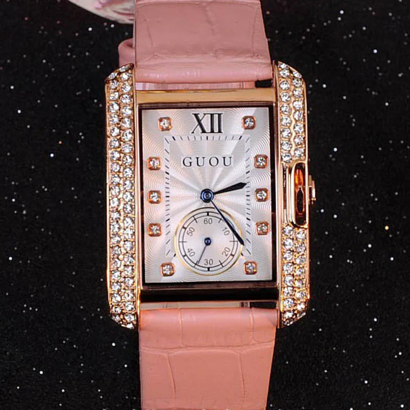 

Brand Womens Watches Genuine Leather Square Dial Diamonds Dress Watch Ladies Casual Quartz Rose Gold Wrist Watches Montre Femme