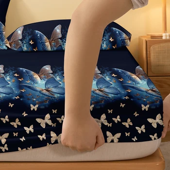 1 Simple modern butterfly printed matte Fitted Sheet, bedroom printed bed cover, bedding (excluding pillowcases) 4