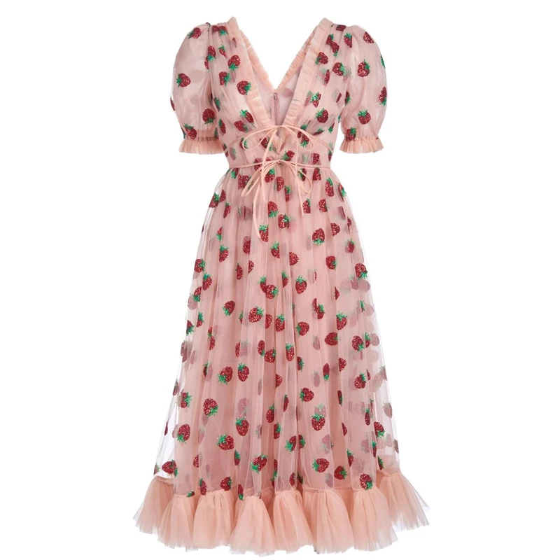 

Женское длинное Сетчатое платье с блестками, розовое платье большого размера с высокой талией и вышивкой в виде клубники на завязках