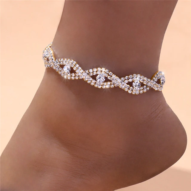 Iced Out Crystal Rhinestones Butterfly Pendants Anklet Chain For