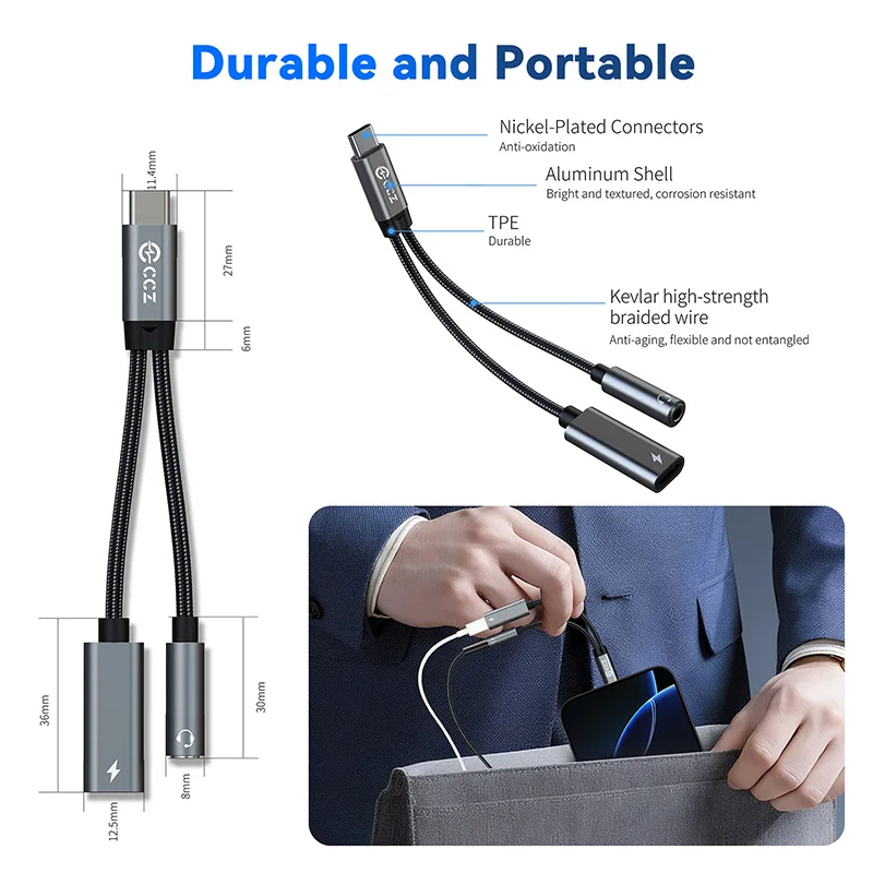 USB-C Audio and Charging Splitter Dongle with 3.5mm Headphone Jack and 15W Power Delivery