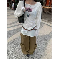 Onalippa Fashion Printed Lazy Style Off Shoulder T-shirt Slightly Transparent Round Neck Design Long Sleeved Base Top 2025 New - Image 6