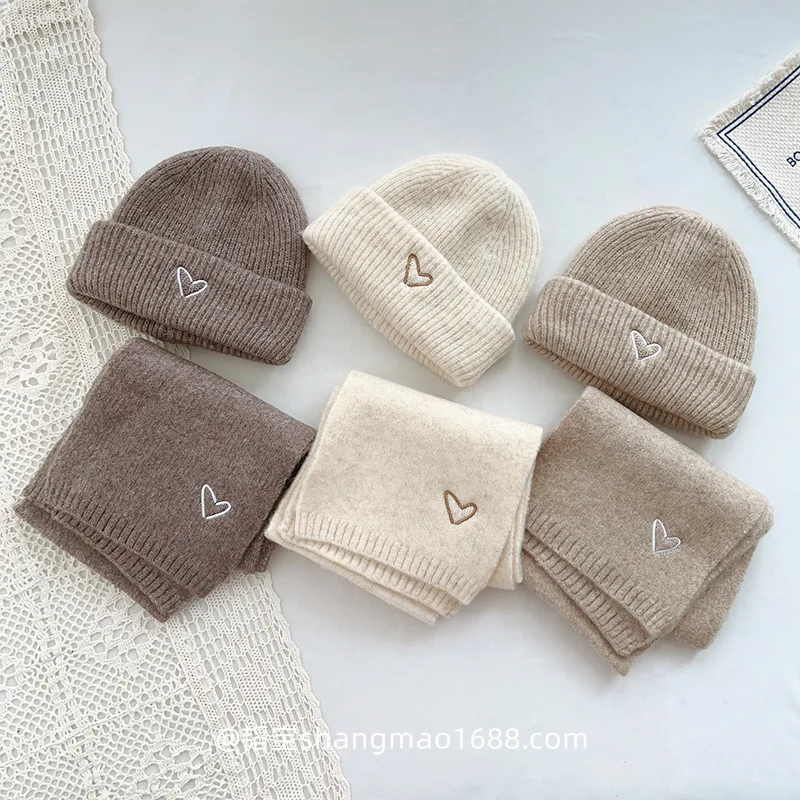 2PC Love Embroidered Children's Hat and Scarf 2-piece Set for Boys and Girls Autumn/Winter Solid Color Versatile Set for Baby Wa