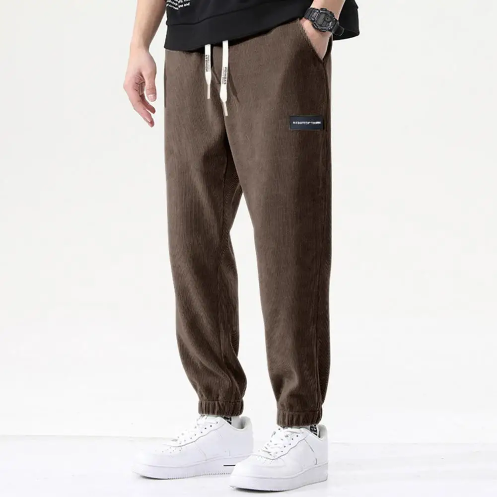 

Men Mid-rise Waist Corduroy Trousers Cozy Plush Men's Winter Pants with Wide Leg Drawstring Waist Soft Warm Sweatpants for Fall