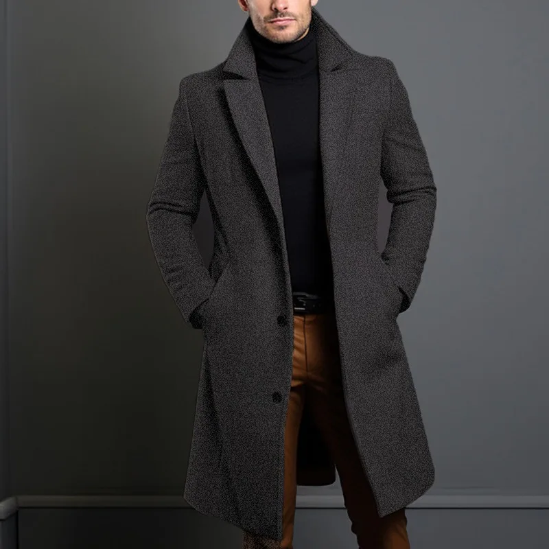 Woolen Coat Men\'s Medium Length Solid Color Autumn and Winter Warm Youth Woolen Jacket for Men