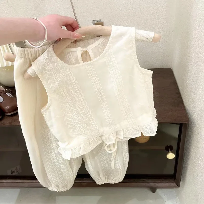 여아용 캐주얼 민소매 할로우 레이스 티셔츠 및 바지, 스트랩 가디건 조끼, 한국 의류 세트, 세트 0-6 세, 2 개, 여름