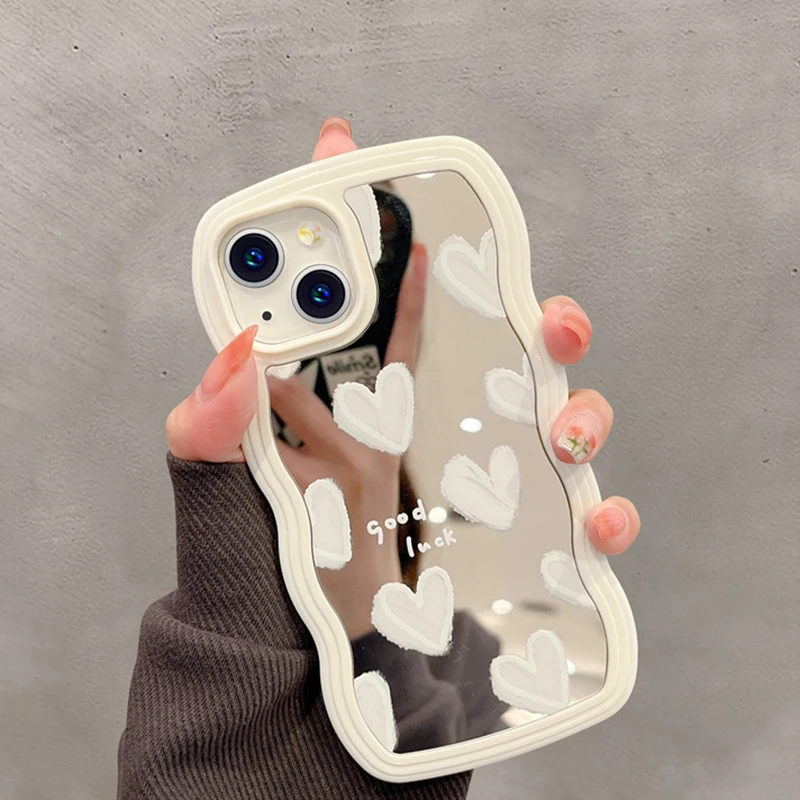 Korean White Heart Makeup Mirror Cute Phone Cases For iPhone 14