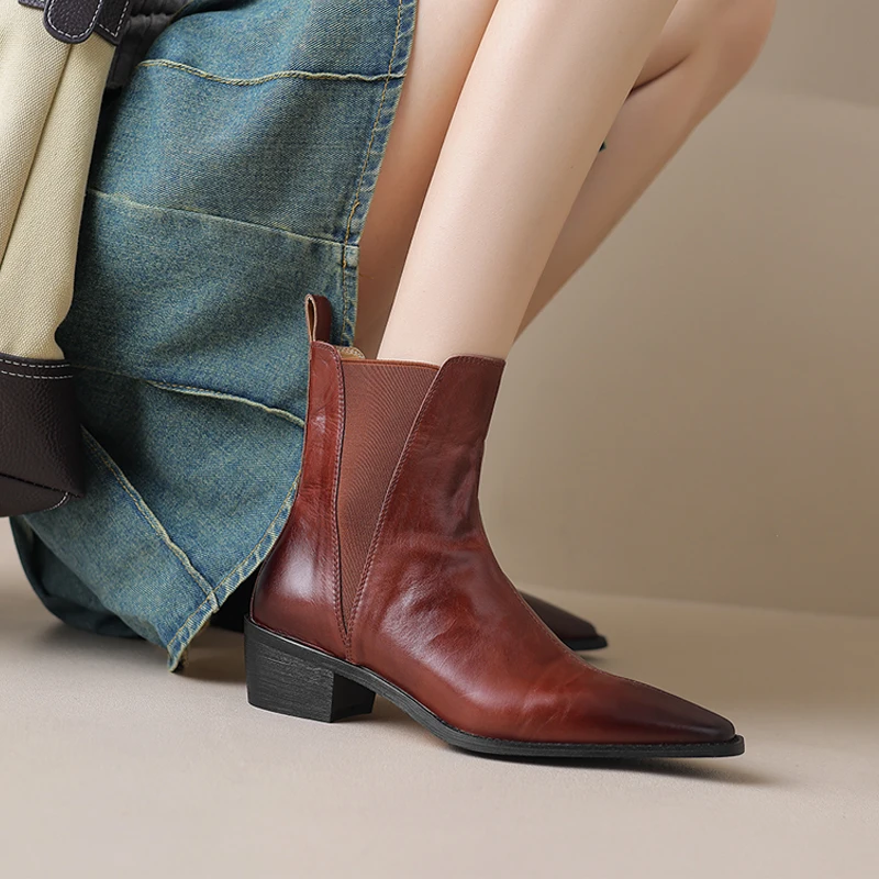 

2023 Autumn Western Boots Pointed Toe Chunky Heel Women Boots Winter Short Boots Genuine Leather Modern Boots Leather Shoes