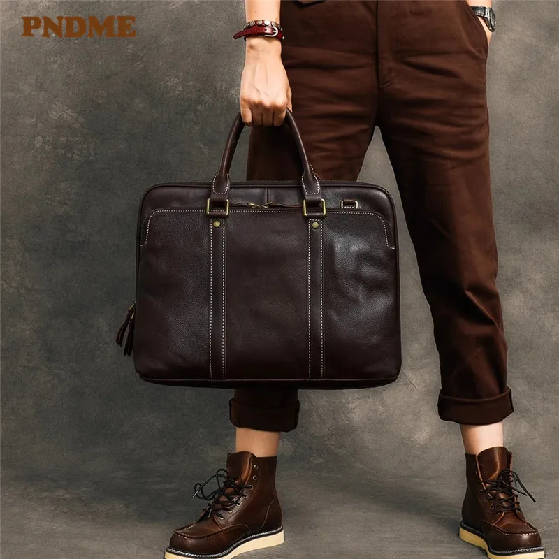 

PNDME business vintage handmade genuine leather men's large briefcase designer luxury real cowhide women's computer handbag