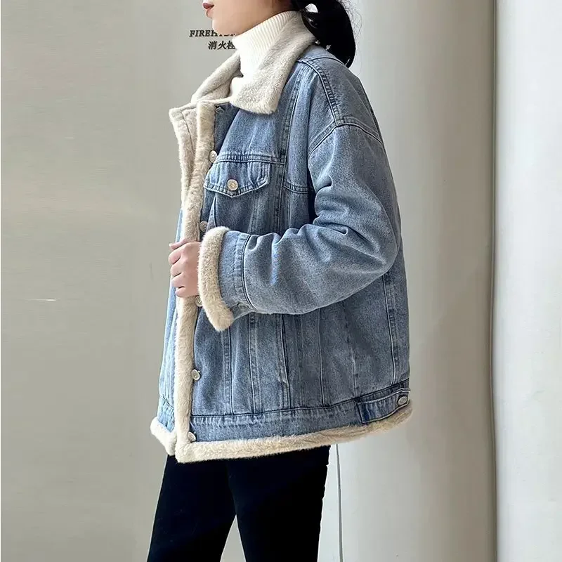 Outerwear Wool Inside Patchwork Padded Denim Jacket for Women