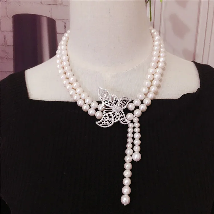 Hand knotted 8-9mm white natural freshwater pearl bow micro inlay zircon clasp tassel necklace fashion jewelry