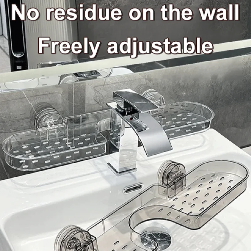 Sink Shelf Suction Cup Wall Mounted Nopunch Bathroom Storage Shelf Bathroom  Faucet Storage Shelf in Front of Mirror 4