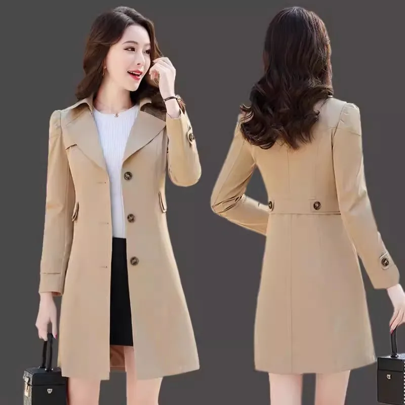 

Mid-Length Khaki Trench Coat Female Spring And Autumn New Korean Long Sleeve Loose Waist Windbreaker Elegant Women Overcoat W207