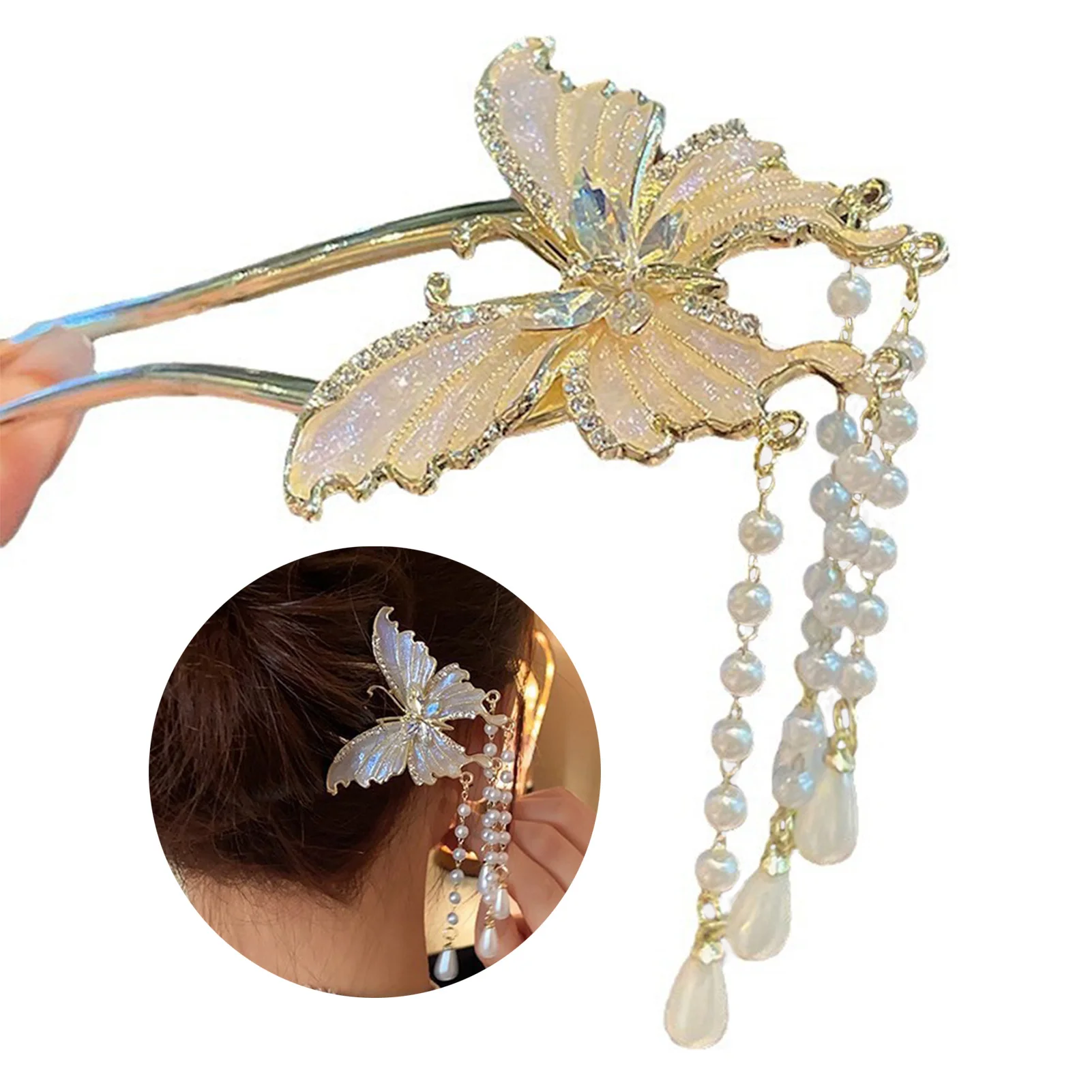 Super Fee Schmetterling Haar Sticks Gabeln U-förmige Haarnadeln Seite Clips Perlen Quaste Anhänger Kopfschmuck Frauen Mädchen Haar Schmuck – Detail 2